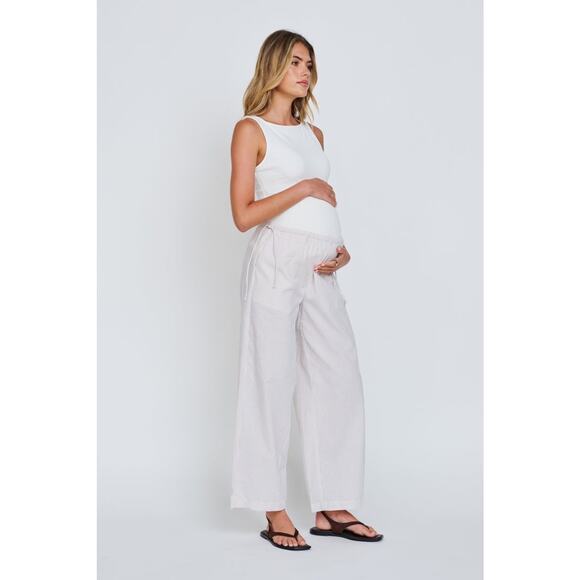 Apero Label Myra Cotton Maternity Stripe Barrel Leg Pant - M - White / Beige - Picture 3 of 6